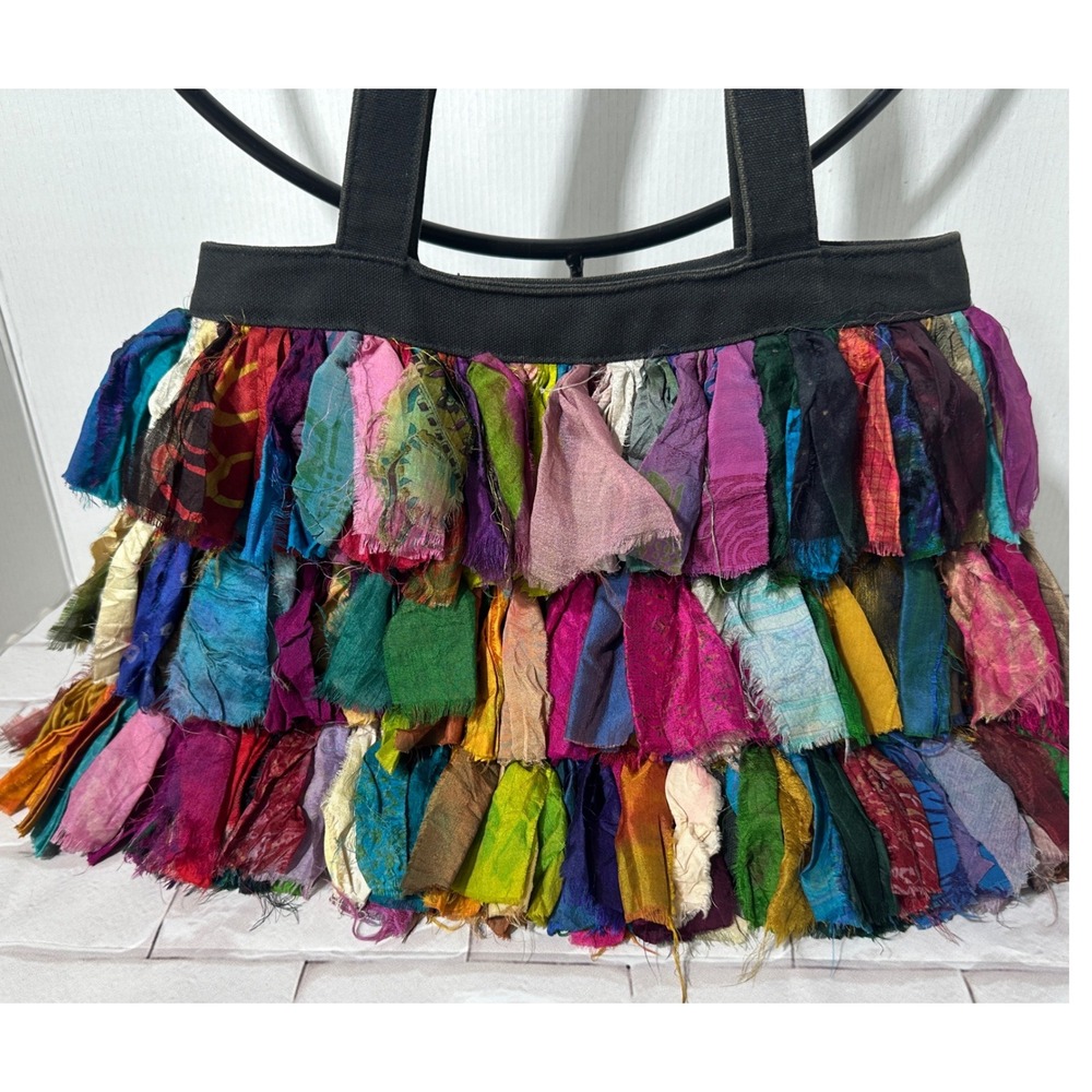 Hand Loomed 100% Silk Tiered Fringe Purse Tote Bag Multicolor Boho Made in India - Picture 2 of 5